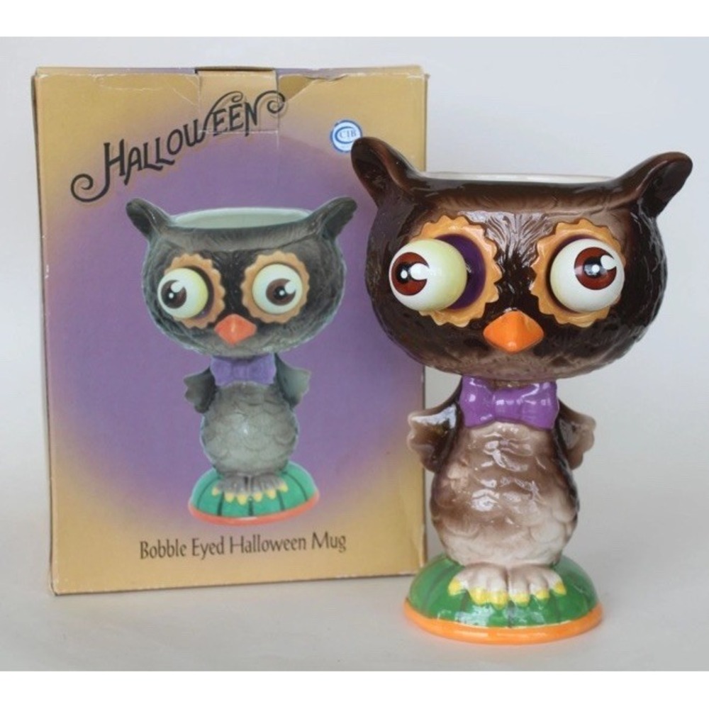 New In Box 8.5" Bobble Eyed Halloween Fall Owl Mug Candy Dish Cracker Barrel